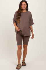 Brown Oversized Short Sleeve Biker Short Maternity Set