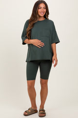 Hunter Green Oversized Short Sleeve Biker Short Maternity Set