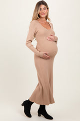 Beige Ribbed Knit Maternity Maxi Sweater Dress