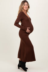 Brown Ribbed Knit Maternity Maxi Sweater Dress