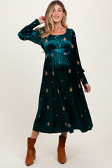 Deep Teal Velvet Embroidered Floral Maternity Midi Dress