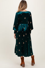 Deep Teal Velvet Embroidered Floral Maternity Midi Dress