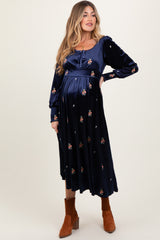 Navy Velvet Embroidered Floral Maternity Midi Dress