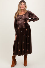 Brown Velvet Embroidered Floral Maternity Midi Dress