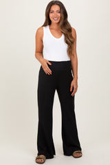 Black Ribbed Smocked Waistband Wide Leg Maternity Pants