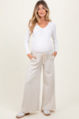 Beige French Terry Raw Edge Maternity Wide Leg Pants