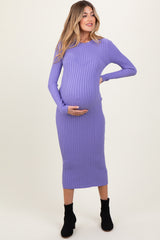 Lavender Contrast Ribbed Knit Maternity Midi Dress