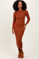 Rust Contrast Ribbed Knit Midi Dress