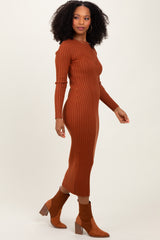 Rust Contrast Ribbed Knit Midi Dress