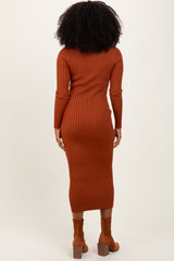 Rust Contrast Ribbed Knit Midi Dress