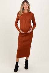 Rust Contrast Ribbed Knit Maternity Midi Dress