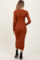 Rust Contrast Ribbed Knit Maternity Midi Dress