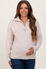 Beige Half Zip Maternity Pullover Sweater