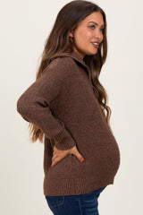 Brown Half Zip Maternity Pullover Sweater