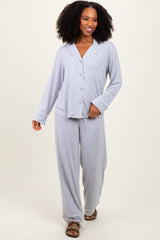 Heather Grey Button Down Top Wide Leg Pant Pajama Set