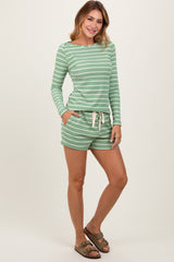 Green Striped Ribbed Long Sleeve Top Drawstring Short Set