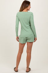 Green Striped Ribbed Long Sleeve Top Drawstring Short Set