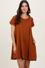 Rust French Terry Basic Short Sleeve Mini Dress