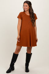 Rust French Terry Basic Short Sleeve Maternity Mini Dress