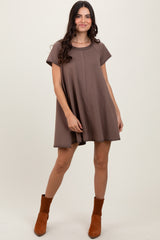 Brown French Terry Basic Short Sleeve Maternity Mini Dress