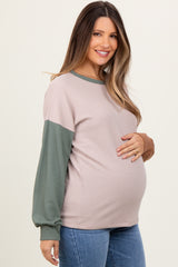 Beige Ribbed Colorblock Sleeve Maternity Long Sleeve Top