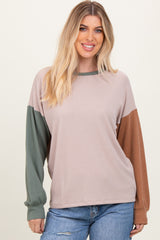 Beige Ribbed Colorblock Sleeve Maternity Long Sleeve Top