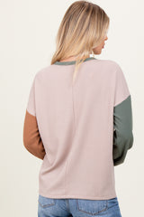 Beige Ribbed Colorblock Sleeve Long Sleeve Top