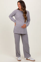 Heather Grey Ribbed Brushed Knit Long Sleeve Pant Maternity Set