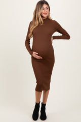 Brown Mock Neck Fitted Ribbed Knit Maternity Midi Dress