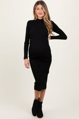 Black Mock Neck Fitted Ribbed Knit Maternity Midi Dress