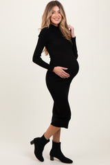 Black Mock Neck Fitted Ribbed Knit Maternity Midi Dress