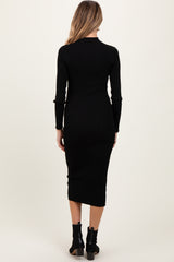 Black Mock Neck Fitted Ribbed Knit Maternity Midi Dress