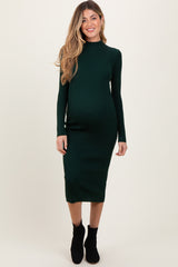 Forest Green Mock Neck Fitted Ribbed Knit Maternity Midi Dress