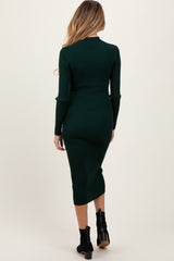 Forest Green Mock Neck Fitted Ribbed Knit Maternity Midi Dress