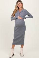 Heather Grey Cable Knit Button Up Maternity Midi Dress