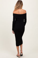 Black Ribbed Knit Off Shoulder Fold Over Maternity Midi Dress