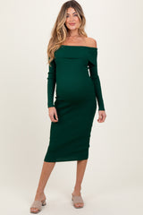 Forest Green Ribbed Knit Off Shoulder Fold Over Maternity Midi Dress