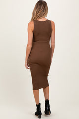 Brown Ribbed Fitted Sleeveless Snap Button Maternity Dress