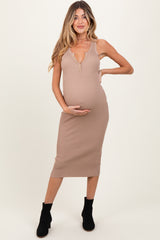 Light Taupe Ribbed Fitted Sleeveless Snap Button Maternity Dress