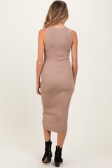 Light Taupe Ribbed Fitted Sleeveless Snap Button Maternity Dress