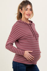 Mauve Striped Drawstring Hoodie Maternity Top