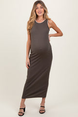 Taupe Crochet Trim Ribbed Sleeveless Maternity Maxi Dress