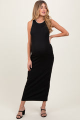 Black Crochet Trim Ribbed Sleeveless Maternity Maxi Dress