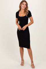 Black Square Neck Side Slit Maternity Midi Dress