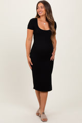 Black Square Neck Side Slit Maternity Midi Dress