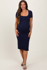 Navy Square Neck Side Slit Maternity Midi Dress