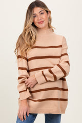 Camel Striped Oversized Mock Neck Maternity Sweater