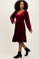 Burgundy Velvet Smocked Long Sleeve Dress