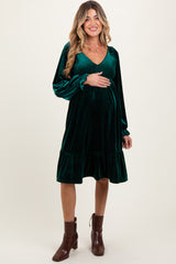 Forest Green Velvet Smocked Maternity Long Sleeve Dress