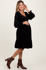 Black Velvet Smocked Maternity Long Sleeve Dress